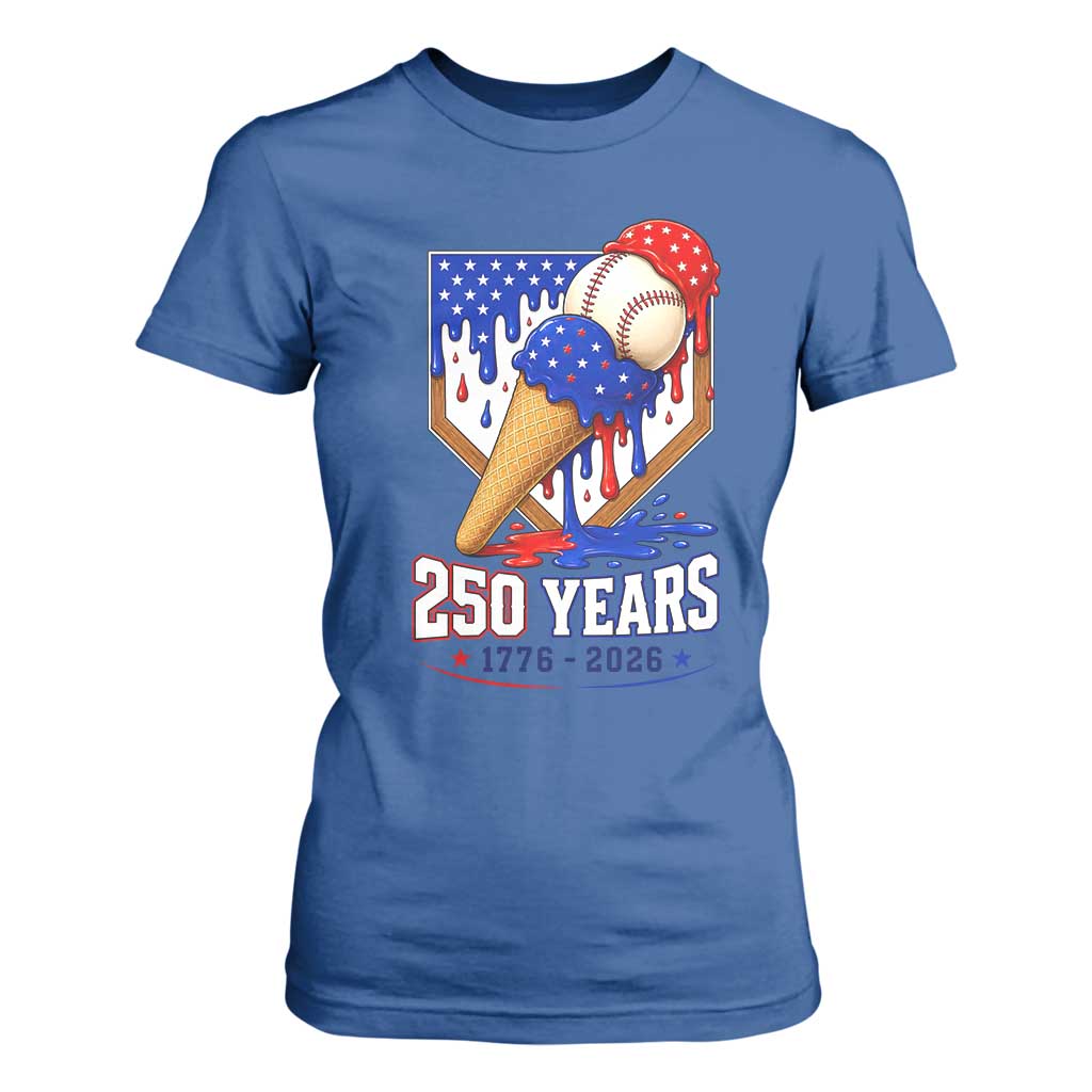 250 Years Baseball Ice Cream Drip 4th of July USA Flag T Shirt For Women