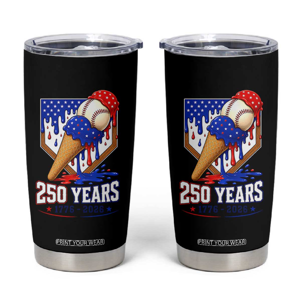 250 Years Baseball Ice Cream Drip 4th of July USA Flag Tumbler Cup