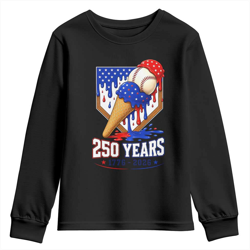250 Years Baseball Ice Cream Drip 4th of July USA Flag Youth Sweatshirt TS11 Black Print Your Wear