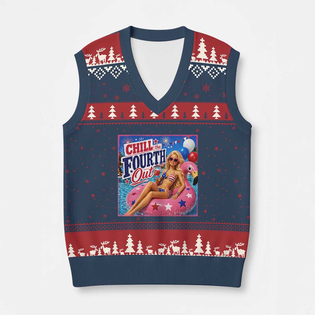 Chill The Fourth Out Doll Meme 4th of July V-Neck Knit Sweater Vest