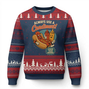 Always Use A Condiment Cover Your Wiener Funny Hot Dog Ugly Christmas Sweater