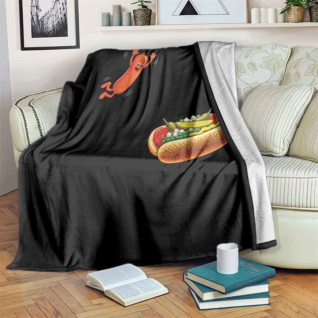 Funny Chicago Style Hot Dog Sausage Jumping Into Bun BBQ Throw Blanket