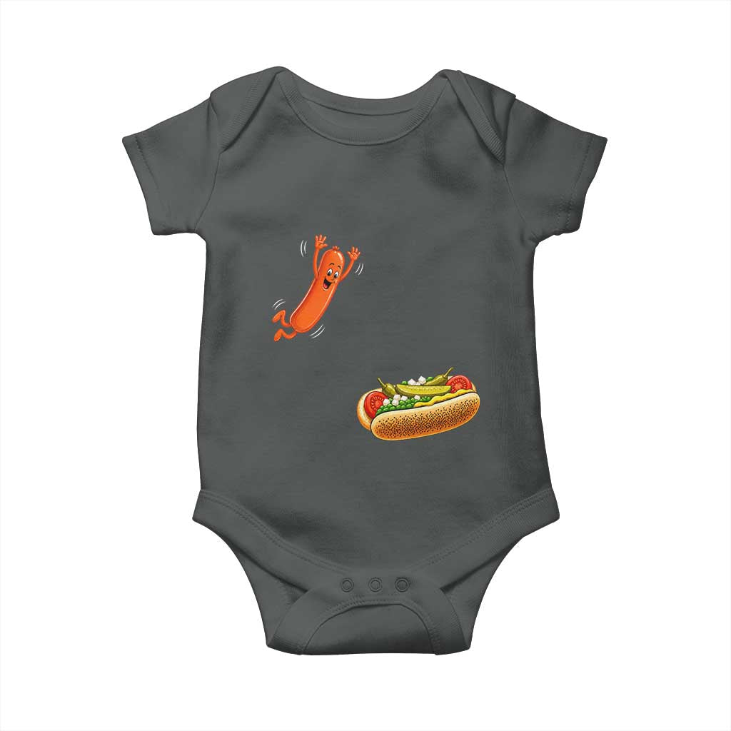 Funny Chicago Style Hot Dog Sausage Jumping Into Bun BBQ Baby Onesie