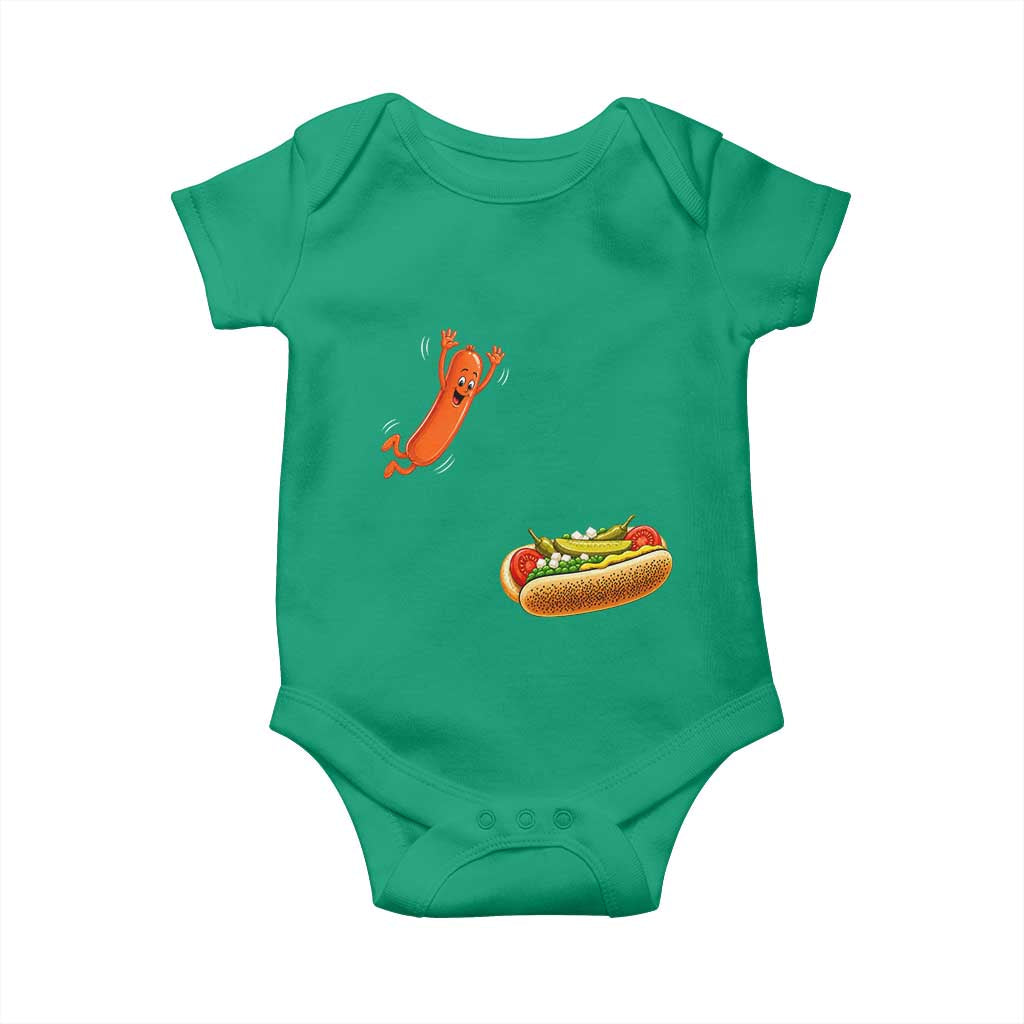 Funny Chicago Style Hot Dog Sausage Jumping Into Bun BBQ Baby Onesie