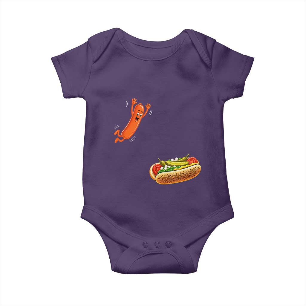 Funny Chicago Style Hot Dog Sausage Jumping Into Bun BBQ Baby Onesie