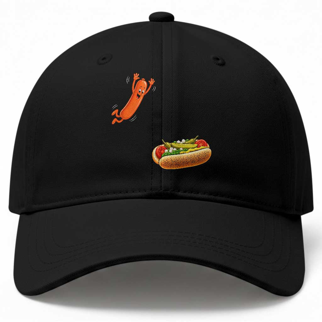Funny Chicago Style Hot Dog Sausage Jumping Into Bun BBQ Baseball Cap