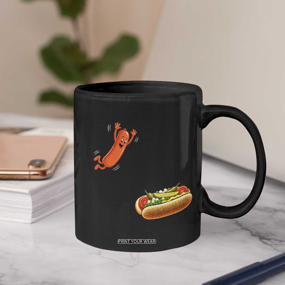 Funny Chicago Style Hot Dog Sausage Jumping Into Bun BBQ Coffee Mug