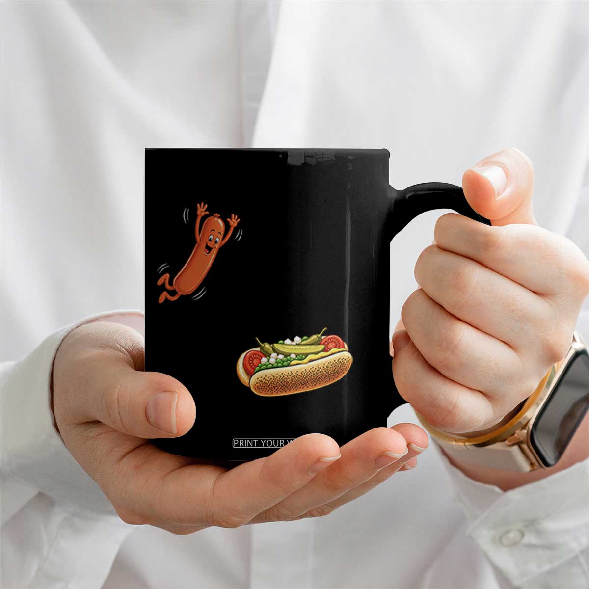 Funny Chicago Style Hot Dog Sausage Jumping Into Bun BBQ Coffee Mug