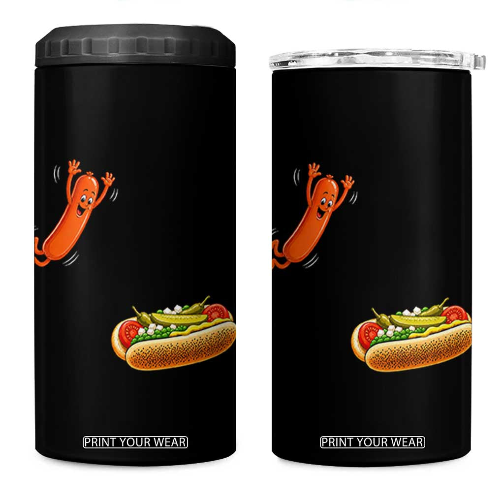 Funny Chicago Style Hot Dog Sausage Jumping Into Bun BBQ 4 in 1 Can Cooler Tumbler