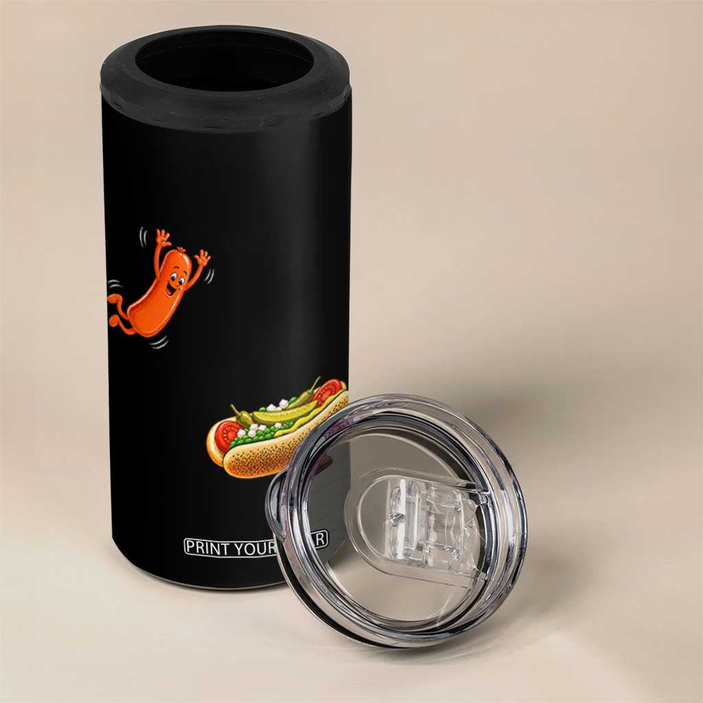 Funny Chicago Style Hot Dog Sausage Jumping Into Bun BBQ 4 in 1 Can Cooler Tumbler
