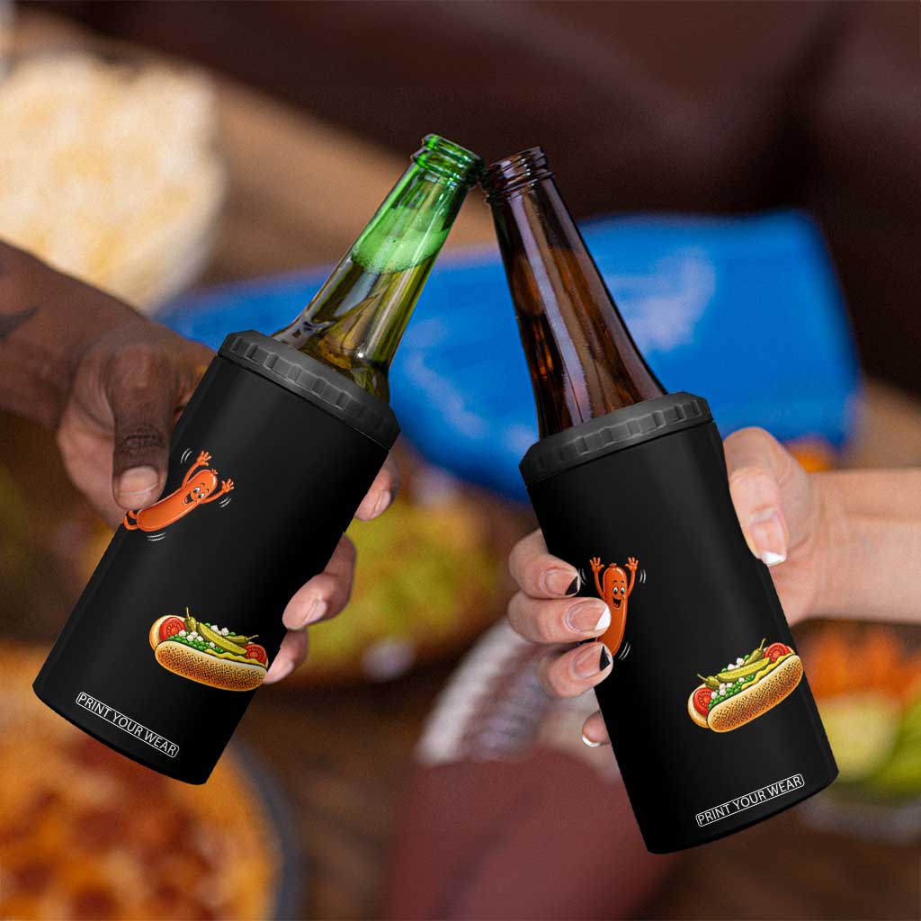 Funny Chicago Style Hot Dog Sausage Jumping Into Bun BBQ 4 in 1 Can Cooler Tumbler