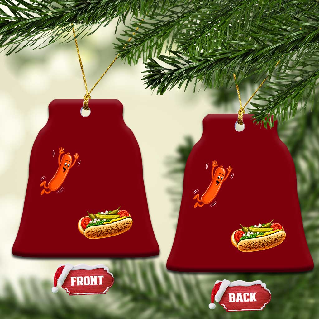 Funny Chicago Style Hot Dog Sausage Jumping Into Bun BBQ Ceramic Ornament