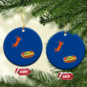Funny Chicago Style Hot Dog Sausage Jumping Into Bun BBQ Ceramic Ornament