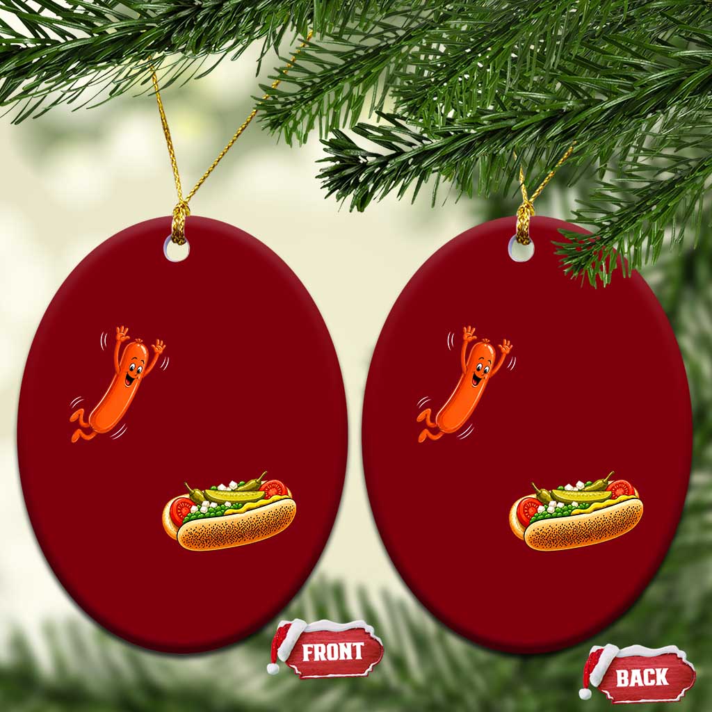 Funny Chicago Style Hot Dog Sausage Jumping Into Bun BBQ Ceramic Ornament