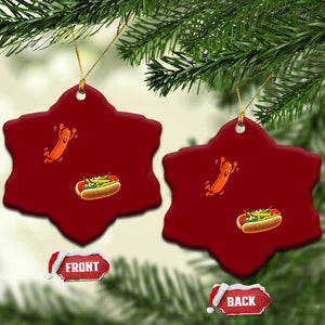 Funny Chicago Style Hot Dog Sausage Jumping Into Bun BBQ Ceramic Ornament