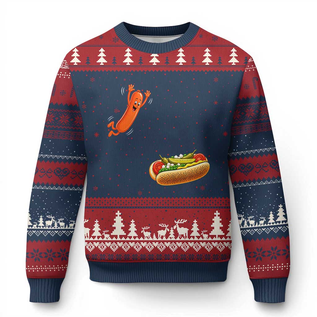 Funny Chicago Style Hot Dog Sausage Jumping Into Bun BBQ Ugly Christmas Sweater