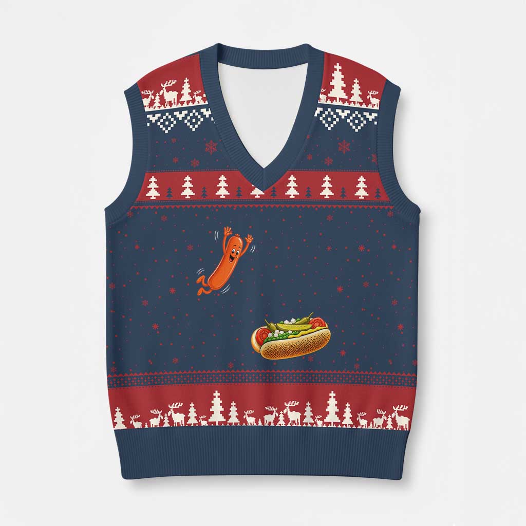 Funny Chicago Style Hot Dog Sausage Jumping Into Bun BBQ V-Neck Knit Sweater Vest