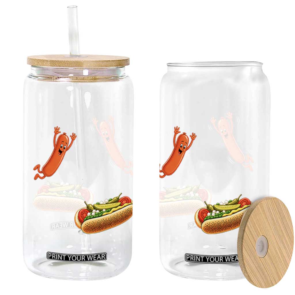 Funny Chicago Style Hot Dog Sausage Jumping Into Bun BBQ Glass Can