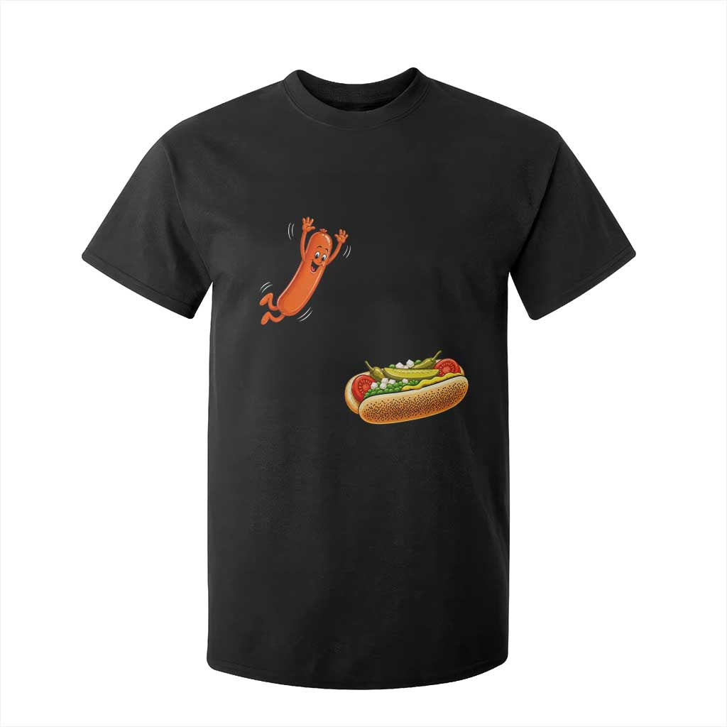 Funny Chicago Style Hot Dog Sausage Jumping Into Bun BBQ T Shirt For Kid TS11 Black Print Your Wear