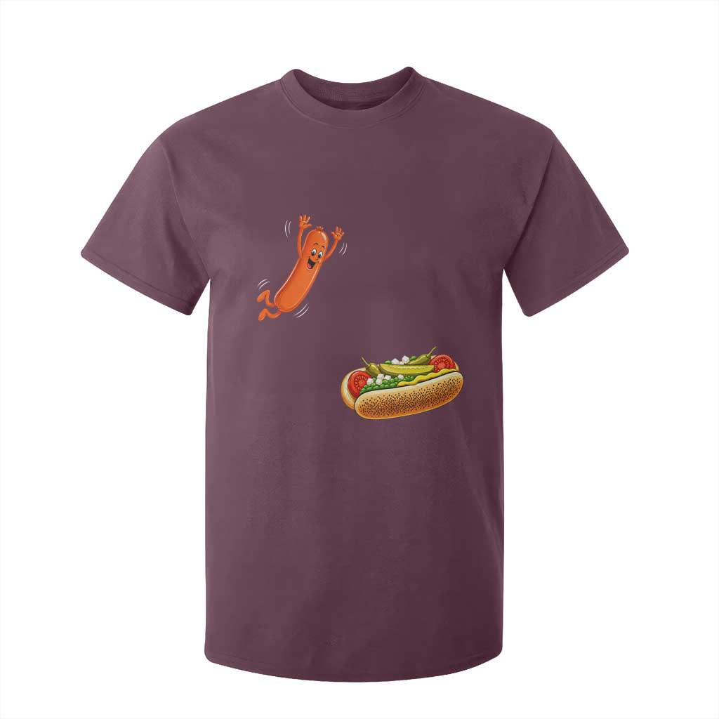 Funny Chicago Style Hot Dog Sausage Jumping Into Bun BBQ T Shirt For Kid