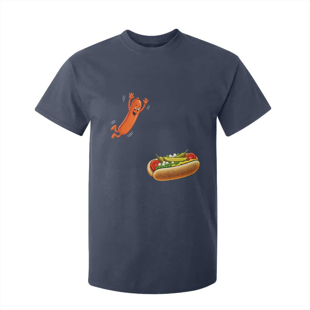 Funny Chicago Style Hot Dog Sausage Jumping Into Bun BBQ T Shirt For Kid