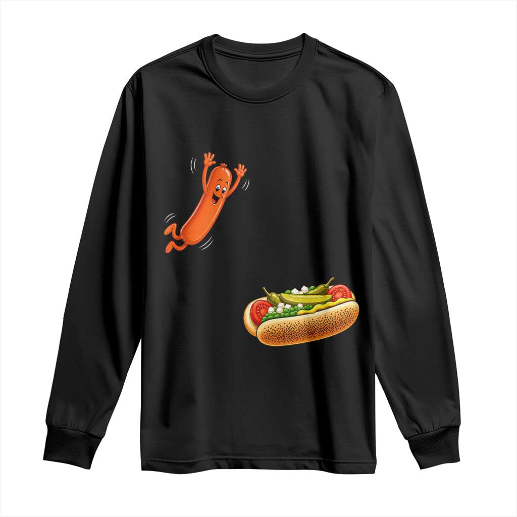 Funny Chicago Style Hot Dog Sausage Jumping Into Bun BBQ Long Sleeve Shirt TS11 Black Print Your Wear
