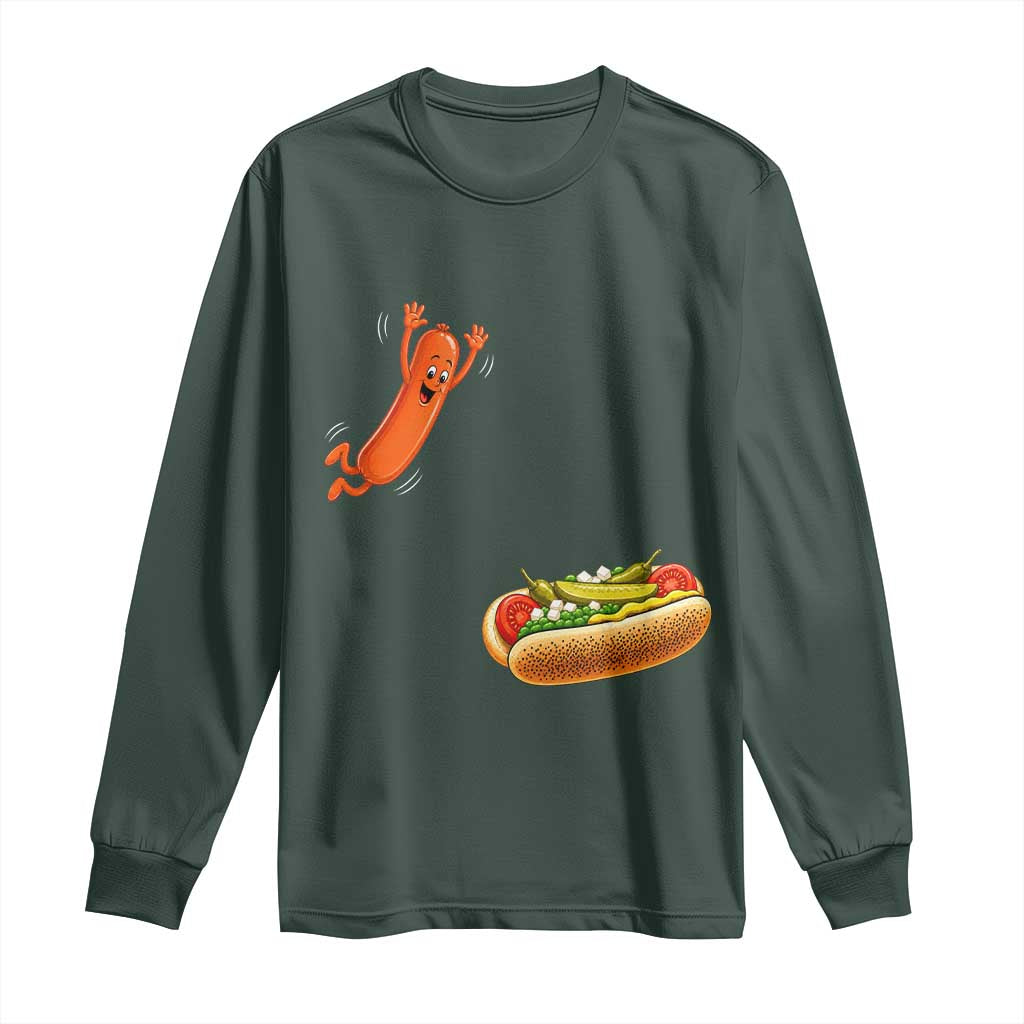 Funny Chicago Style Hot Dog Sausage Jumping Into Bun BBQ Long Sleeve Shirt