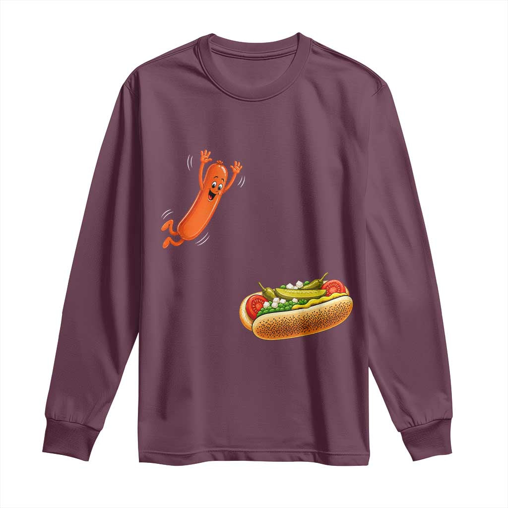 Funny Chicago Style Hot Dog Sausage Jumping Into Bun BBQ Long Sleeve Shirt