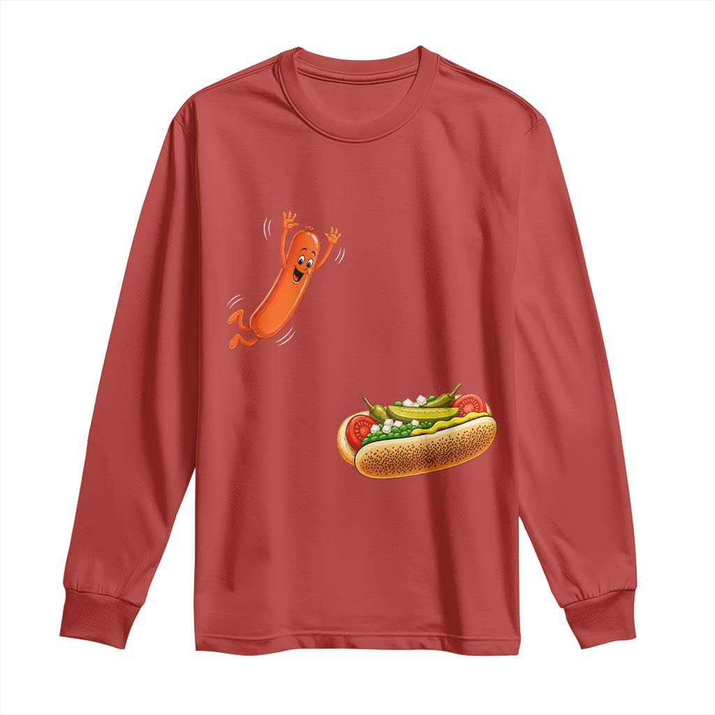 Funny Chicago Style Hot Dog Sausage Jumping Into Bun BBQ Long Sleeve Shirt