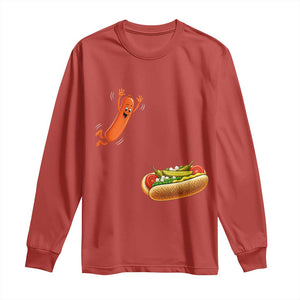 Funny Chicago Style Hot Dog Sausage Jumping Into Bun BBQ Long Sleeve Shirt