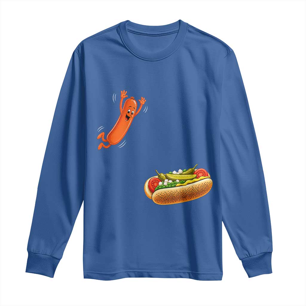 Funny Chicago Style Hot Dog Sausage Jumping Into Bun BBQ Long Sleeve Shirt
