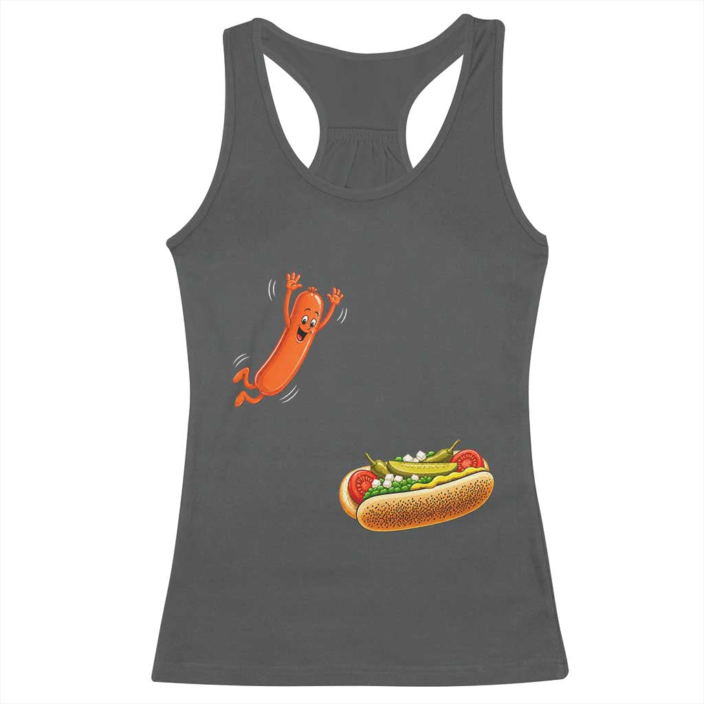 Funny Chicago Style Hot Dog Sausage Jumping Into Bun BBQ Racerback Tank Top