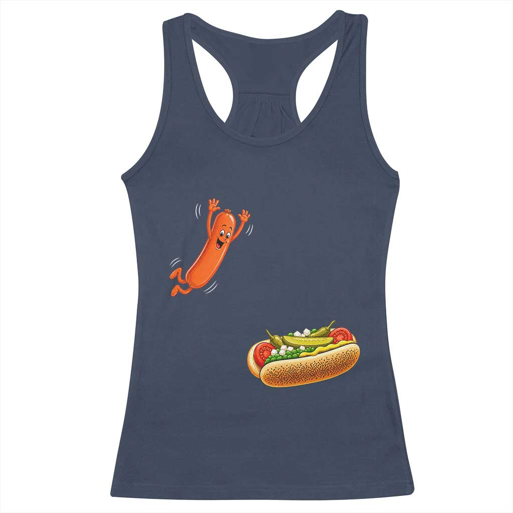 Funny Chicago Style Hot Dog Sausage Jumping Into Bun BBQ Racerback Tank Top