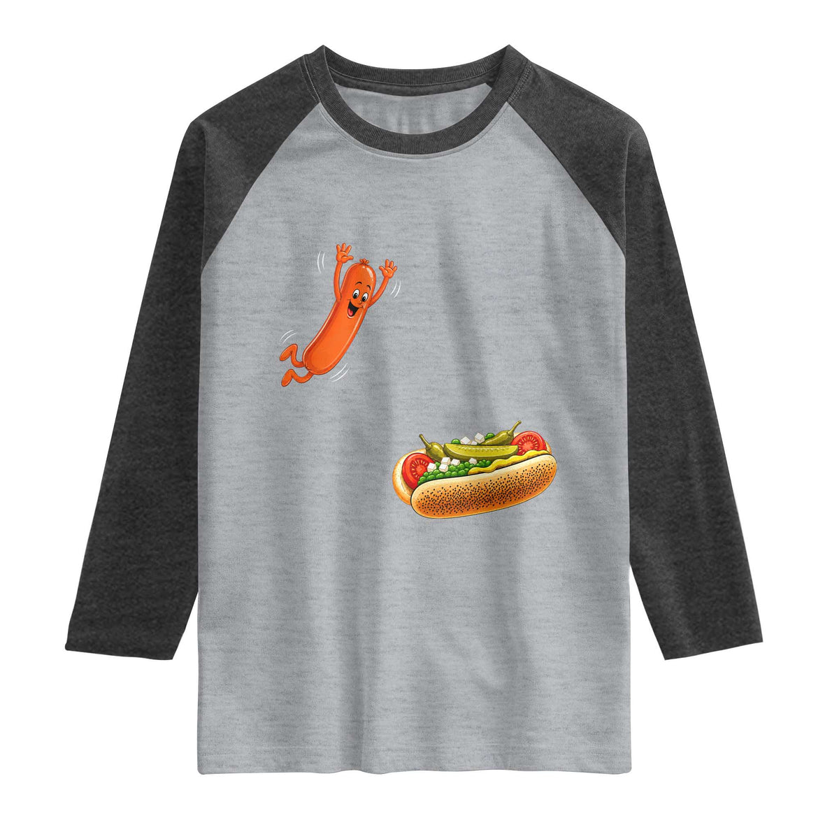 Funny Chicago Style Hot Dog Sausage Jumping Into Bun BBQ Raglan Shirt