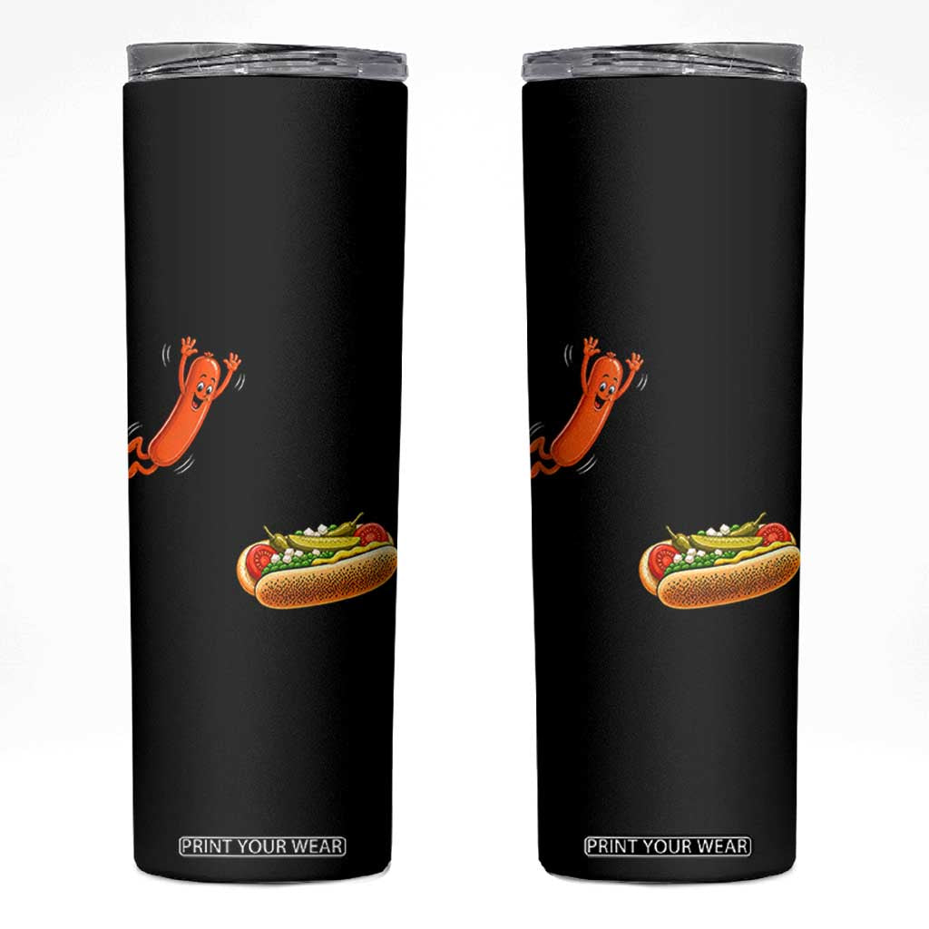 Funny Chicago Style Hot Dog Sausage Jumping Into Bun BBQ Skinny Tumbler