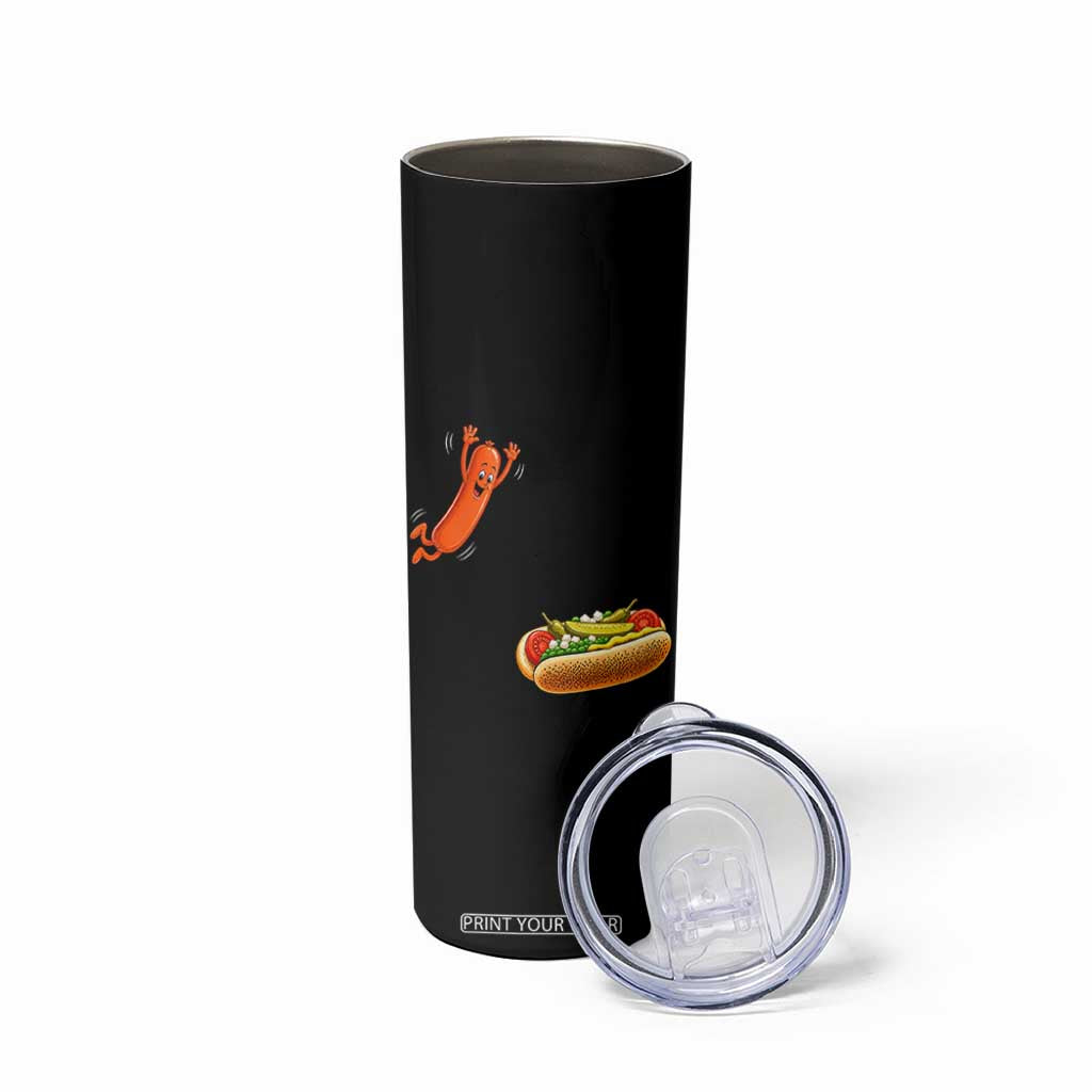 Funny Chicago Style Hot Dog Sausage Jumping Into Bun BBQ Skinny Tumbler