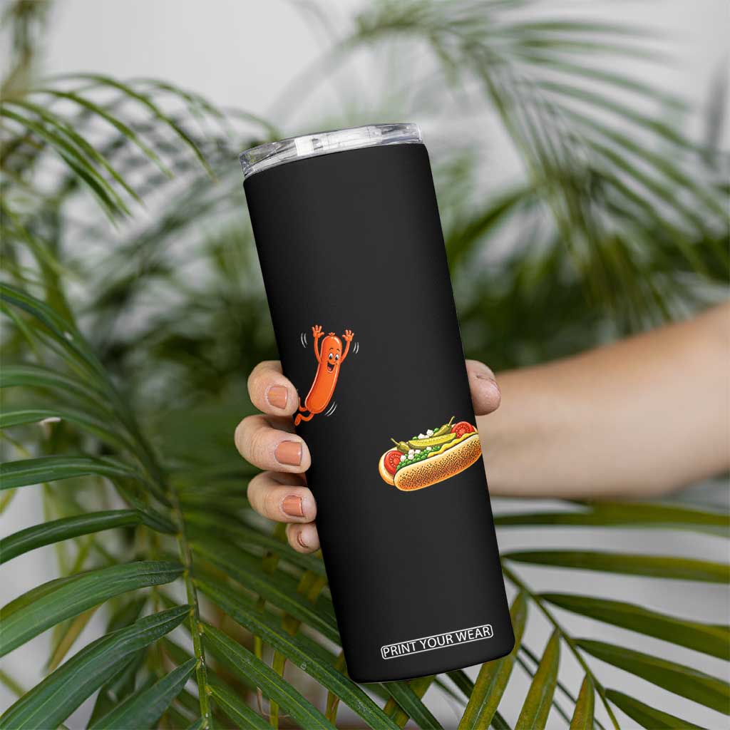 Funny Chicago Style Hot Dog Sausage Jumping Into Bun BBQ Skinny Tumbler