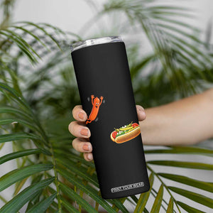 Funny Chicago Style Hot Dog Sausage Jumping Into Bun BBQ Skinny Tumbler