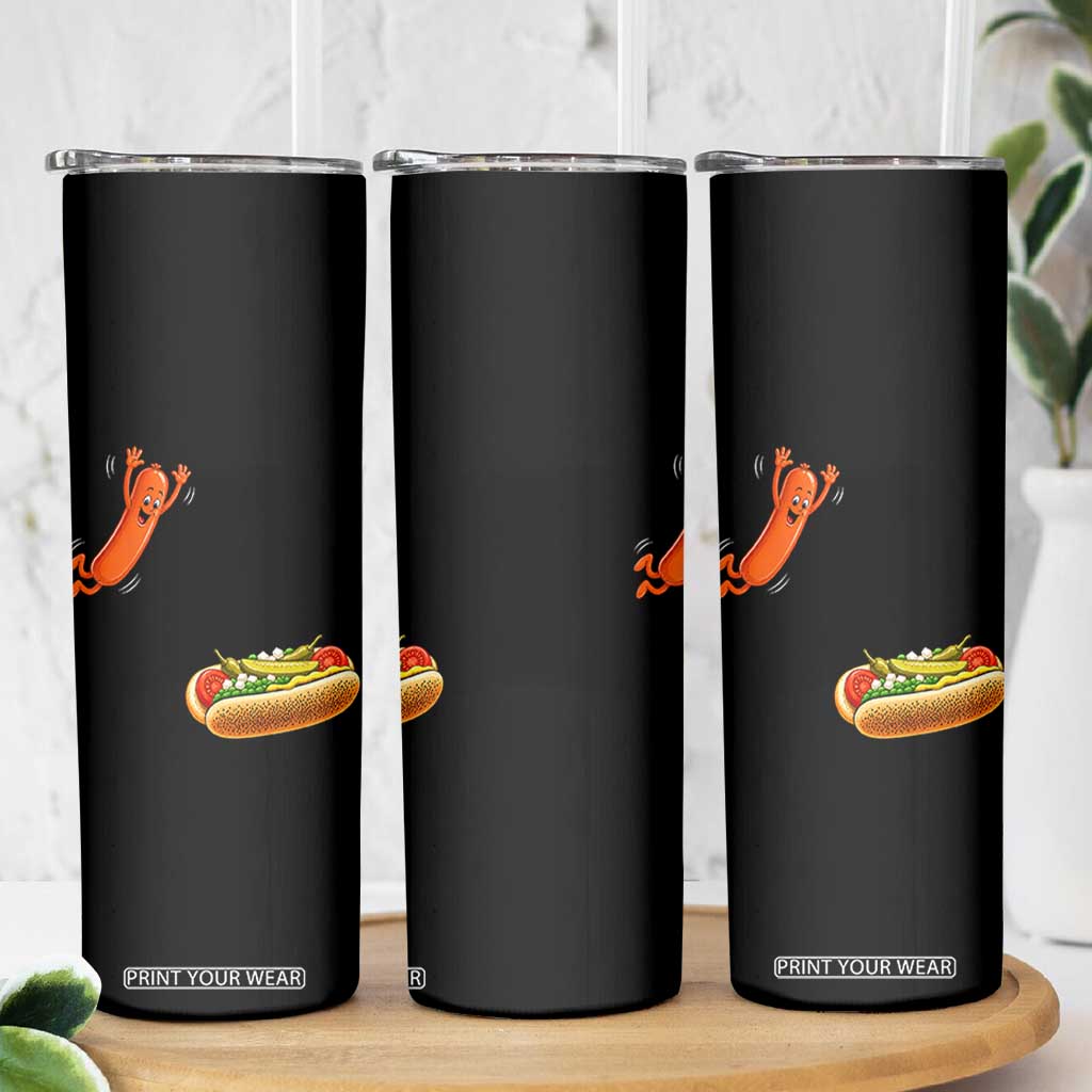 Funny Chicago Style Hot Dog Sausage Jumping Into Bun BBQ Skinny Tumbler