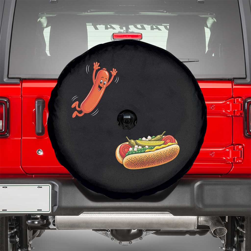 Funny Chicago Style Hot Dog Sausage Jumping Into Bun BBQ Spare Tire Cover