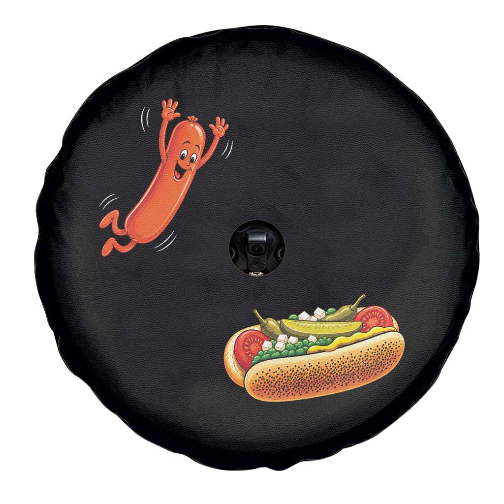 Funny Chicago Style Hot Dog Sausage Jumping Into Bun BBQ Spare Tire Cover