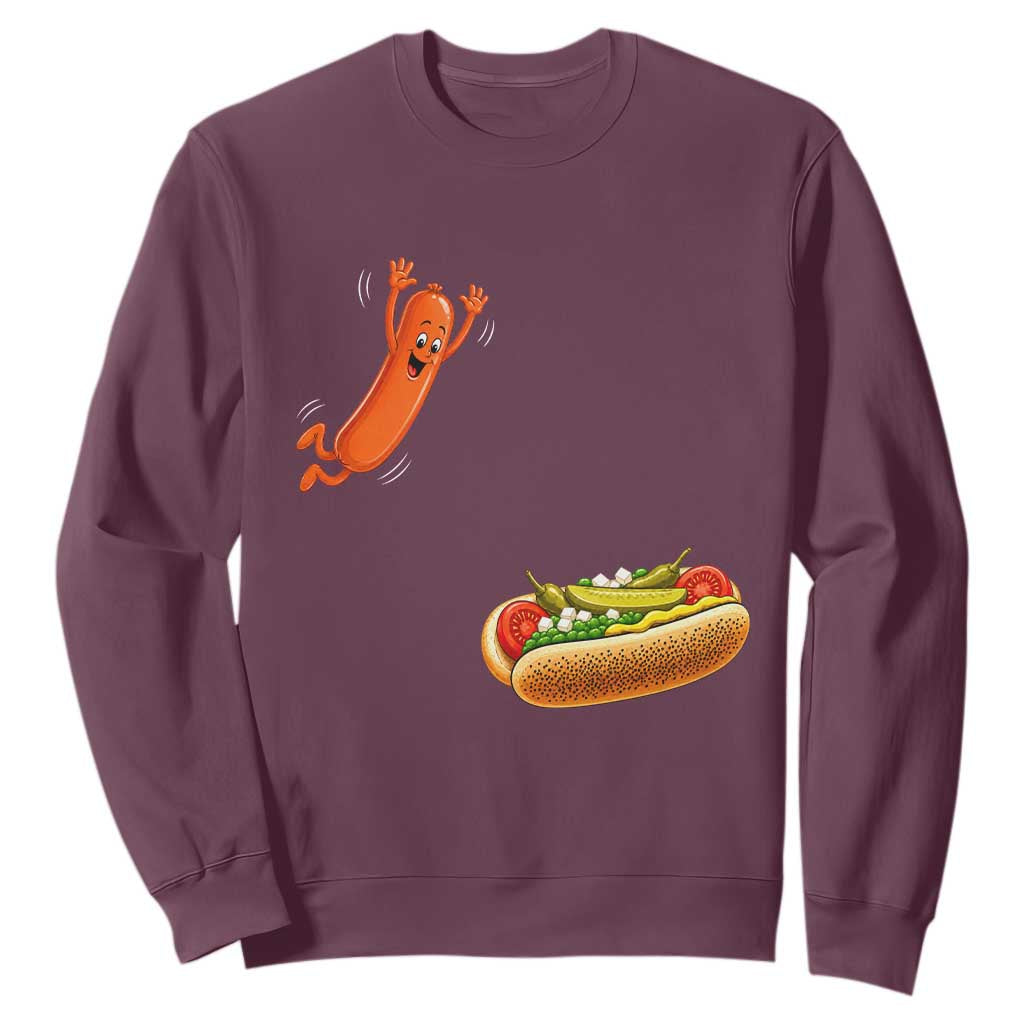 Funny Chicago Style Hot Dog Sausage Jumping Into Bun BBQ Sweatshirt