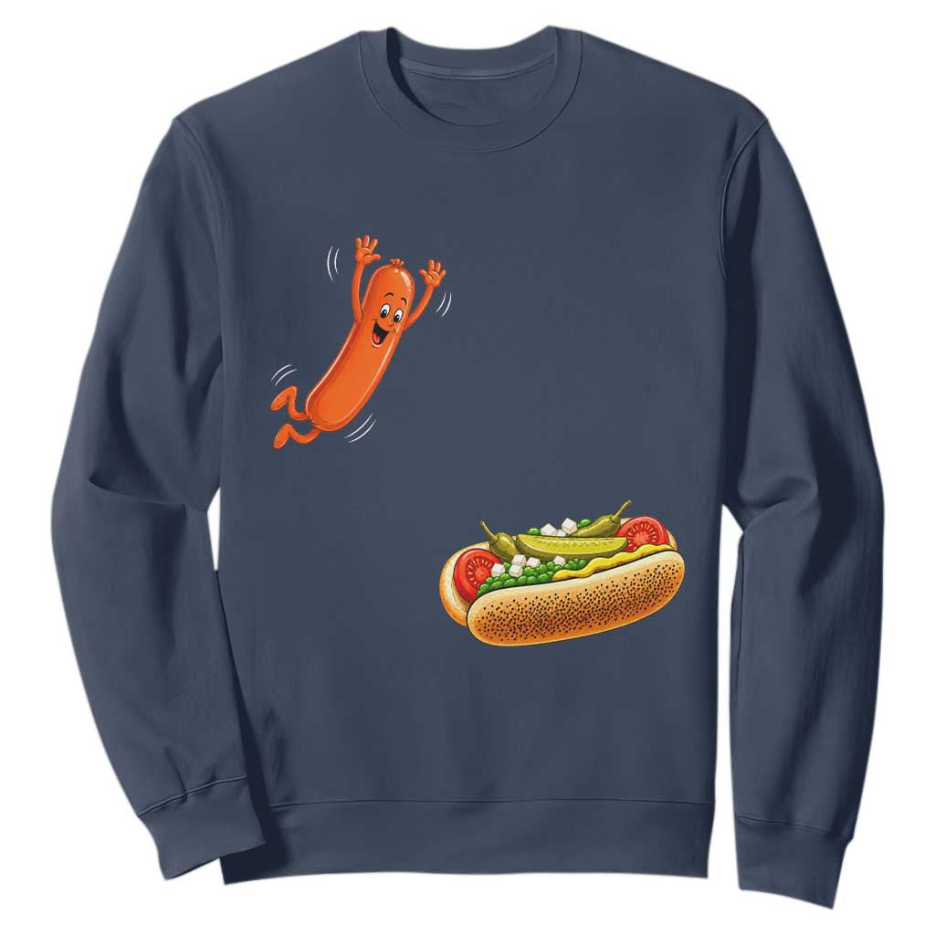 Funny Chicago Style Hot Dog Sausage Jumping Into Bun BBQ Sweatshirt