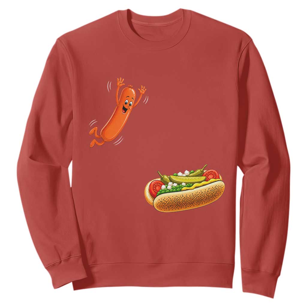 Funny Chicago Style Hot Dog Sausage Jumping Into Bun BBQ Sweatshirt