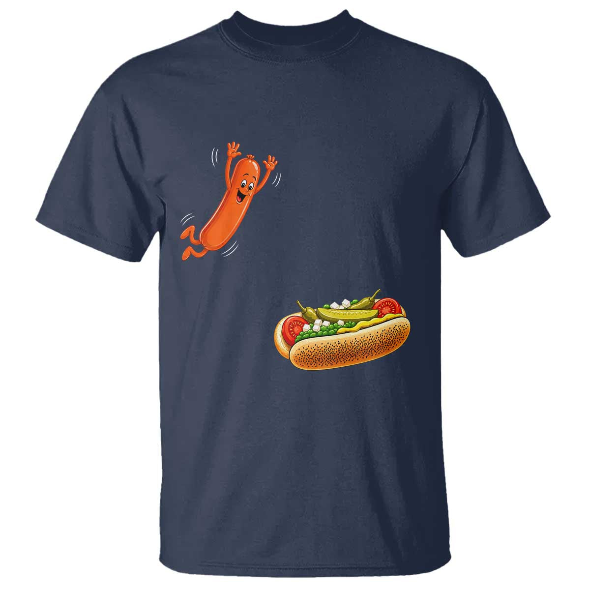 Funny Chicago Style Hot Dog Sausage Jumping Into Bun BBQ T Shirt