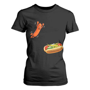 Funny Chicago Style Hot Dog Sausage Jumping Into Bun BBQ T Shirt For Women