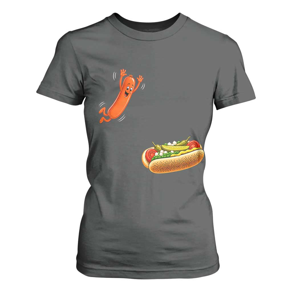 Funny Chicago Style Hot Dog Sausage Jumping Into Bun BBQ T Shirt For Women
