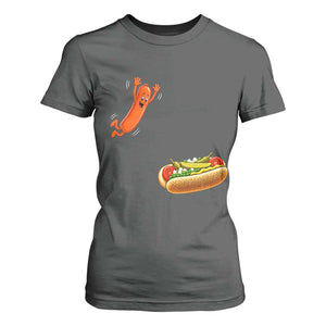 Funny Chicago Style Hot Dog Sausage Jumping Into Bun BBQ T Shirt For Women