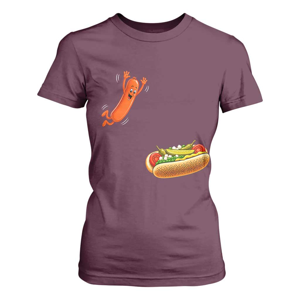 Funny Chicago Style Hot Dog Sausage Jumping Into Bun BBQ T Shirt For Women