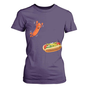 Funny Chicago Style Hot Dog Sausage Jumping Into Bun BBQ T Shirt For Women